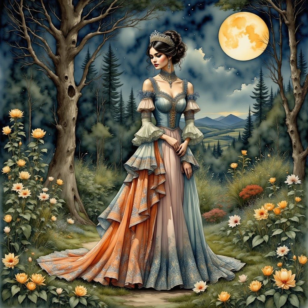 <lora:Fashion Portrait fx:1.0> <lora:WatercolorMix1 Flux:1.0> A noble woman standing pensively in a moonlit garden