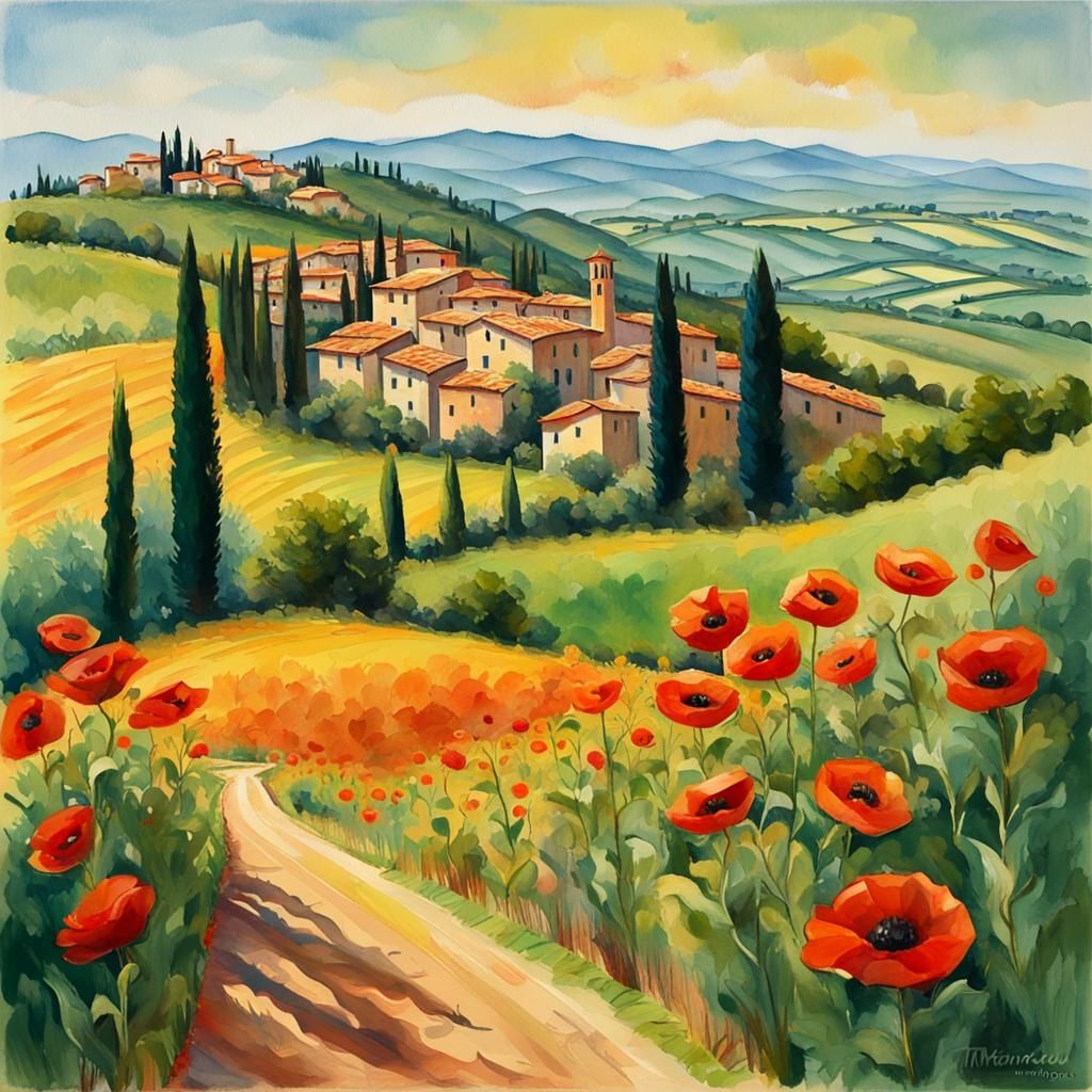 Tuscan Village in Impressionist Gouache Style