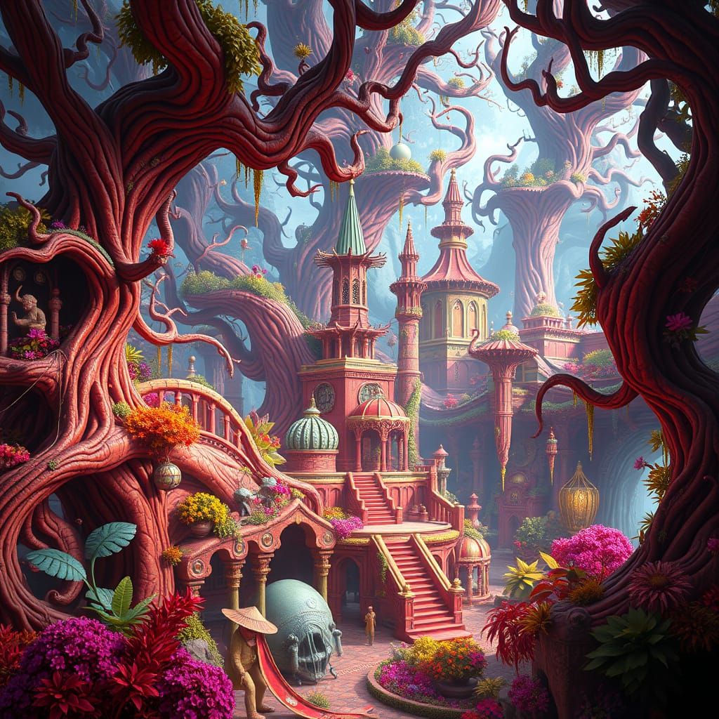 Surreal Fantasy Realm with Twisted Trees and Labyrinthine Ar...