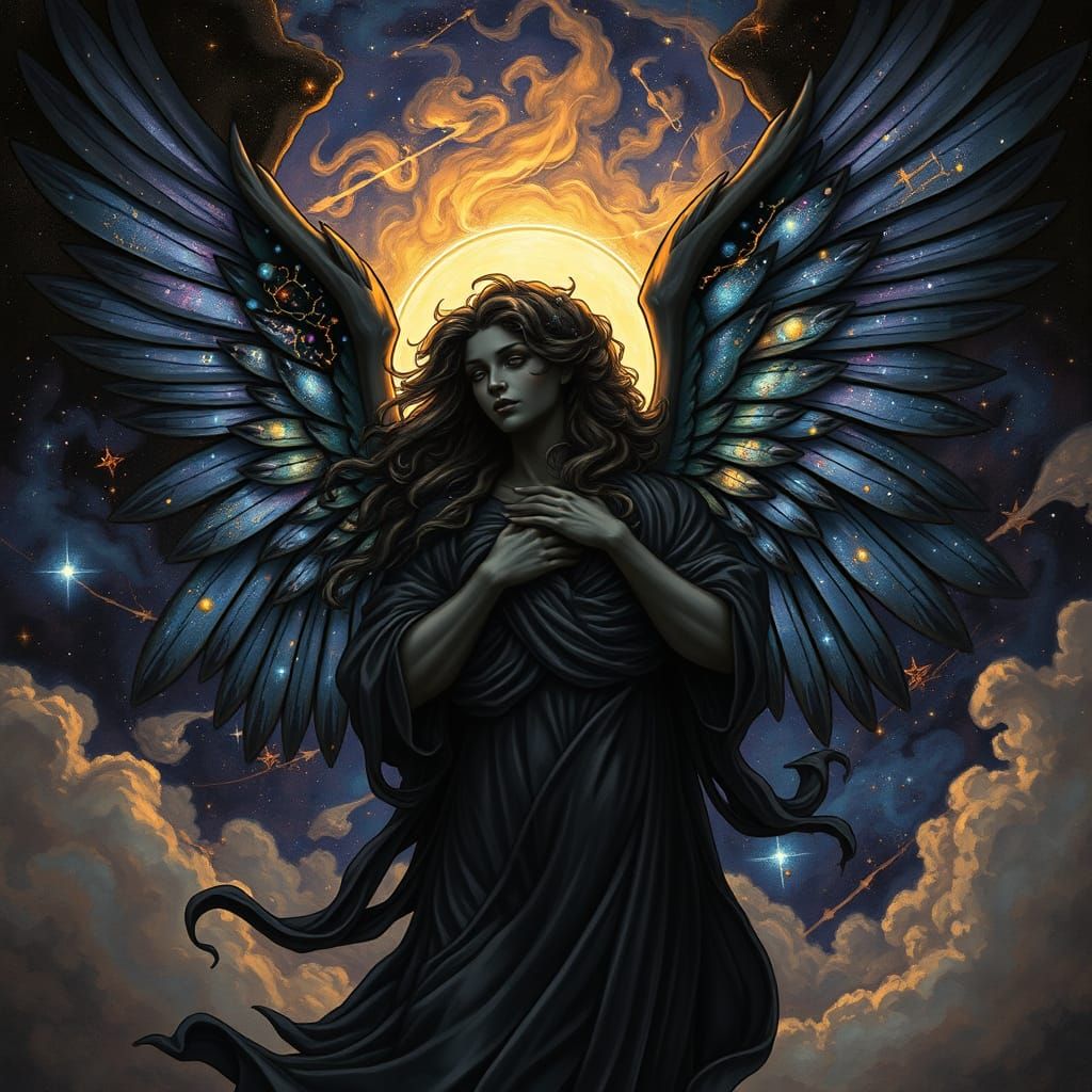 Majestic Black Angel Soaring Through Cosmic Art Nouveau