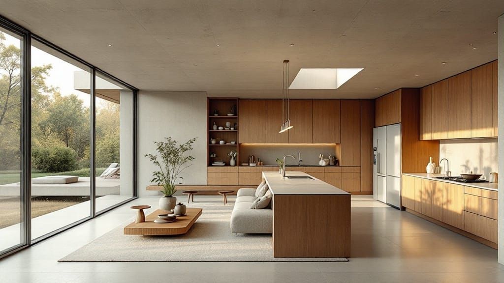 Sleek Modern Living Space Blends Minimalism with Organic Bea...