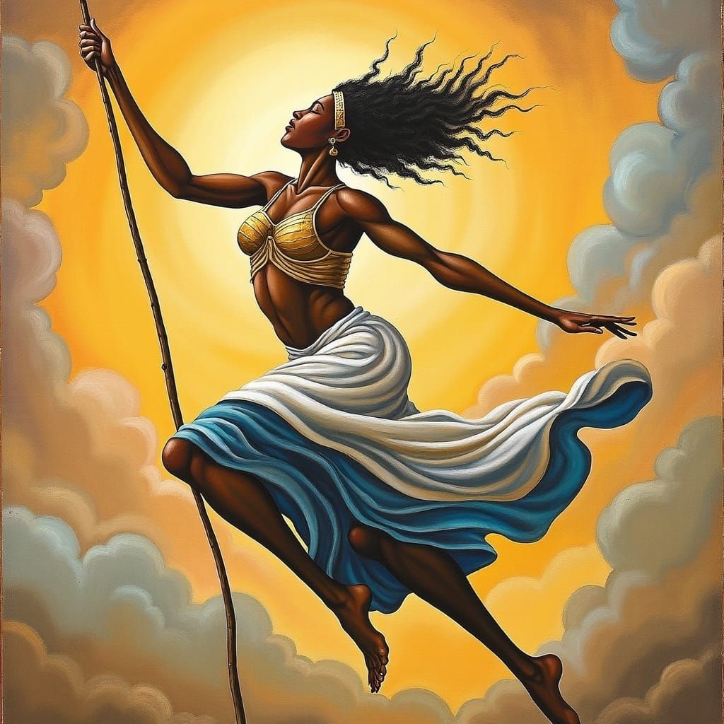 African Goddess Warrior Jumps in Dynamic Realism Style
