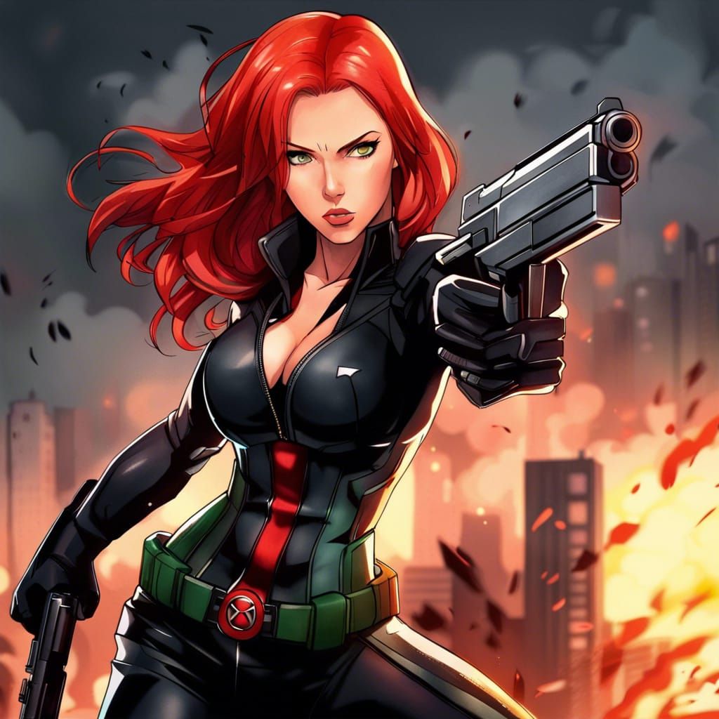 Black Widow Action Pose in Anime Style
