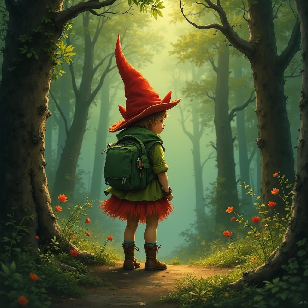 Teddy Bear Gnome Walks Through Shadowy Forest