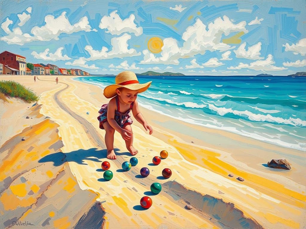 Child Plays Marbles on Sardinian Beach in Neo-Expressionist ...