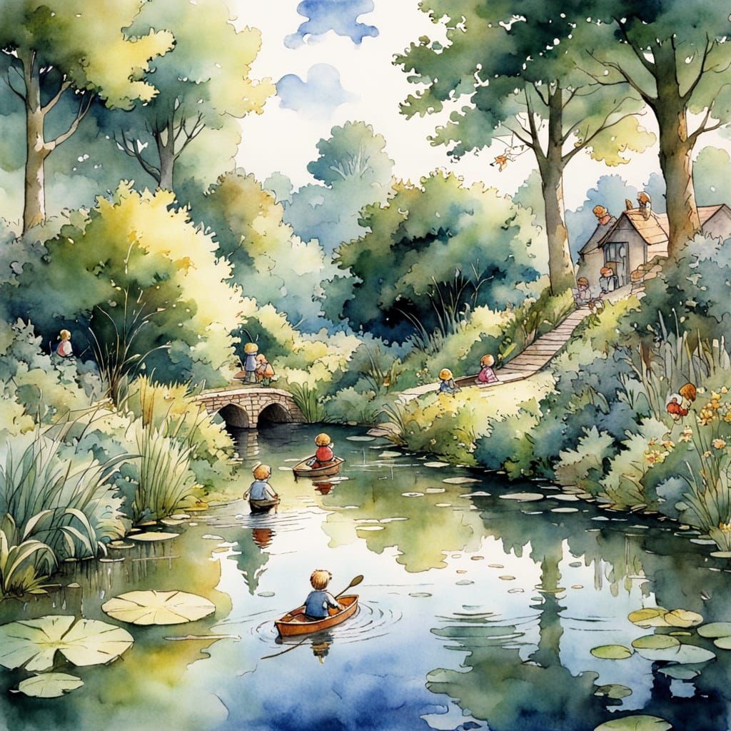 Idyllic Watercolour Scene of Children Paddling in a Pond