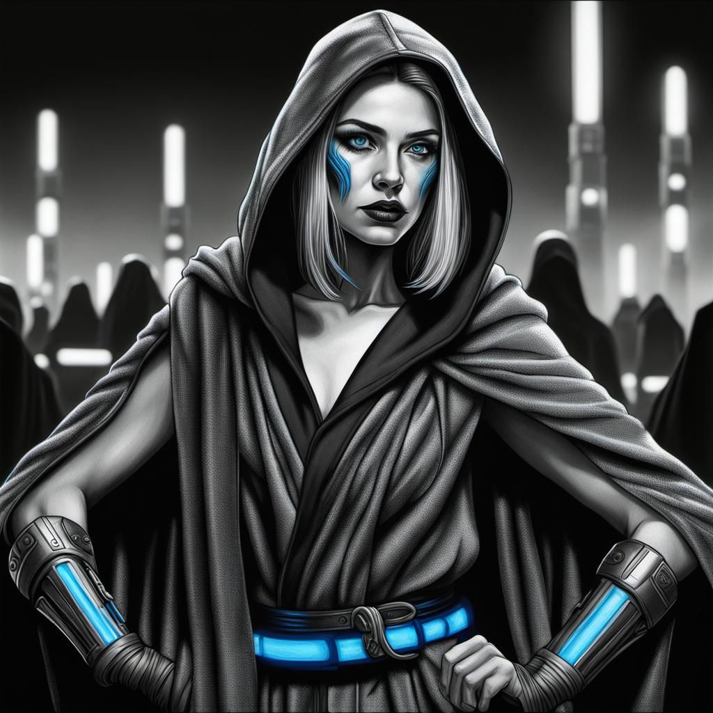 Happy Jedi Woman with Blue Lightsaber: Digital Illustration