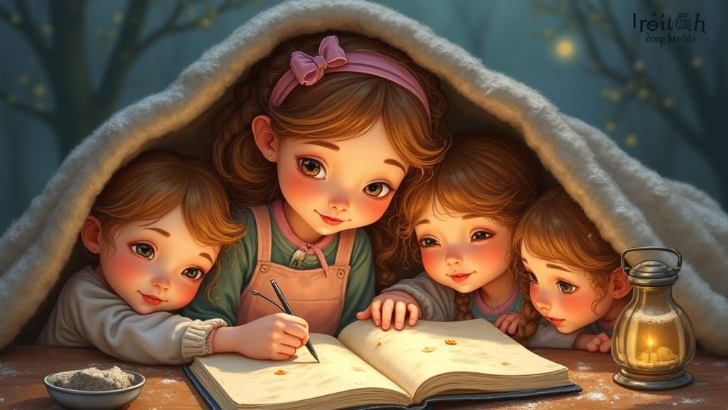 Girl Sketching Cupcakes in Whimsical Style