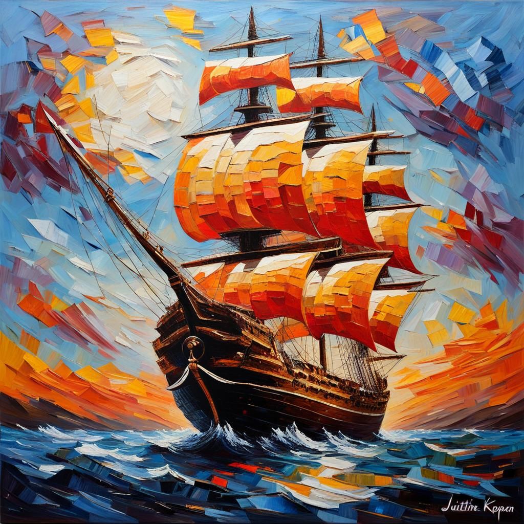 Sailing Ship in Impasto Style 3D Landscape
