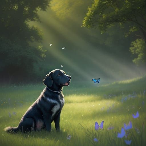 Dog and Butterfly in Meadow: Oil Painting Style