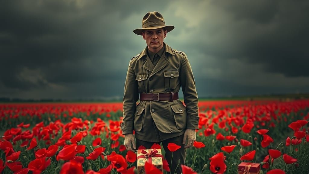 WW1 Soldier in Poppy Field, Vintage Photography Style