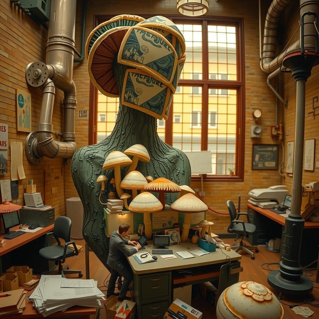 Hyperrealistic Office Building with Giant Mushroom Flags