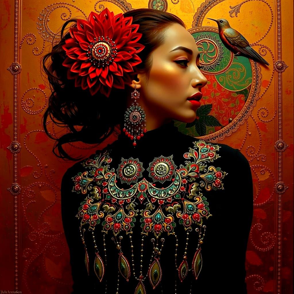 Highly Detailed Julia Set Fractal in Gold and Red