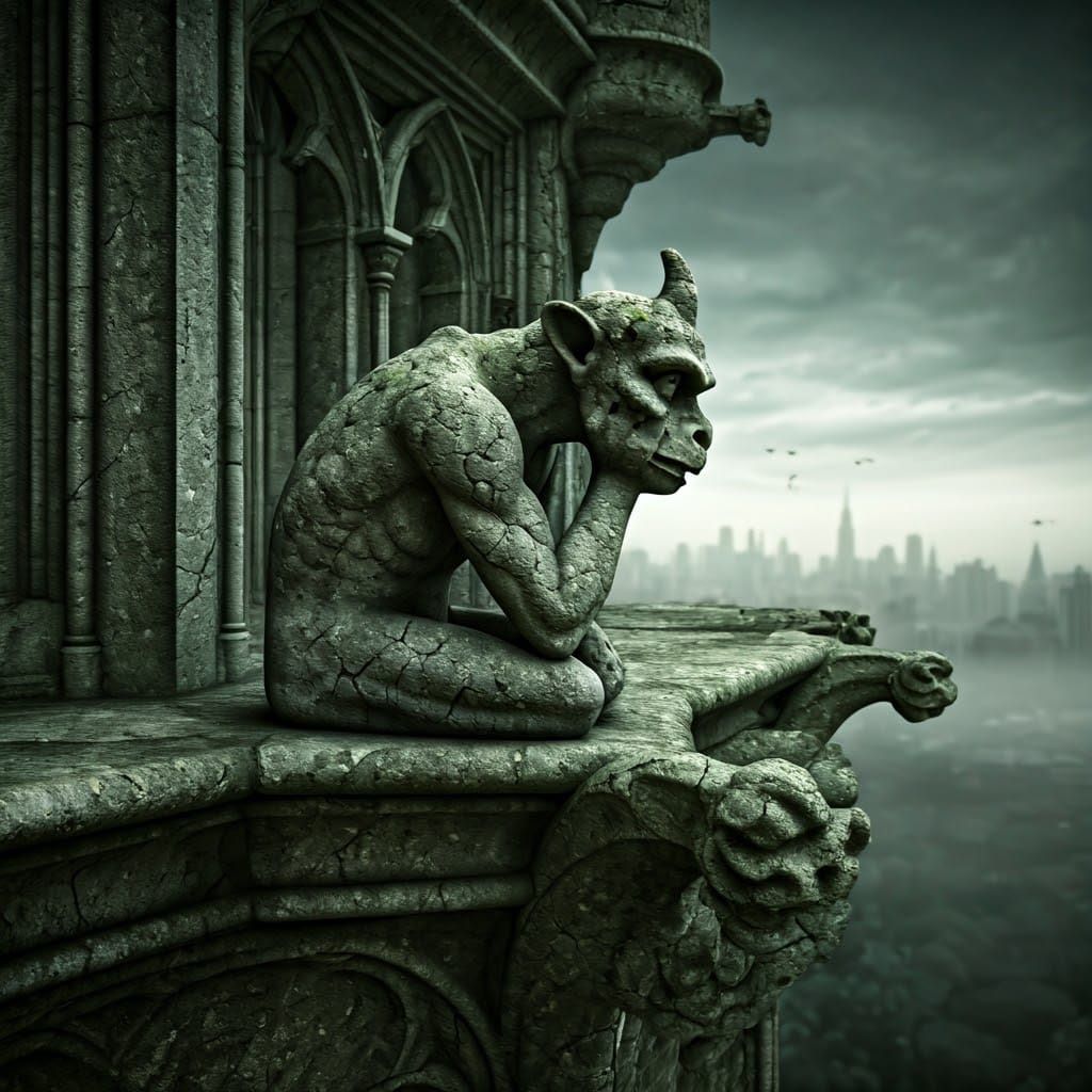 Gothic Gargoyle Contemplates Misty Castle in Dark Fantasy St...