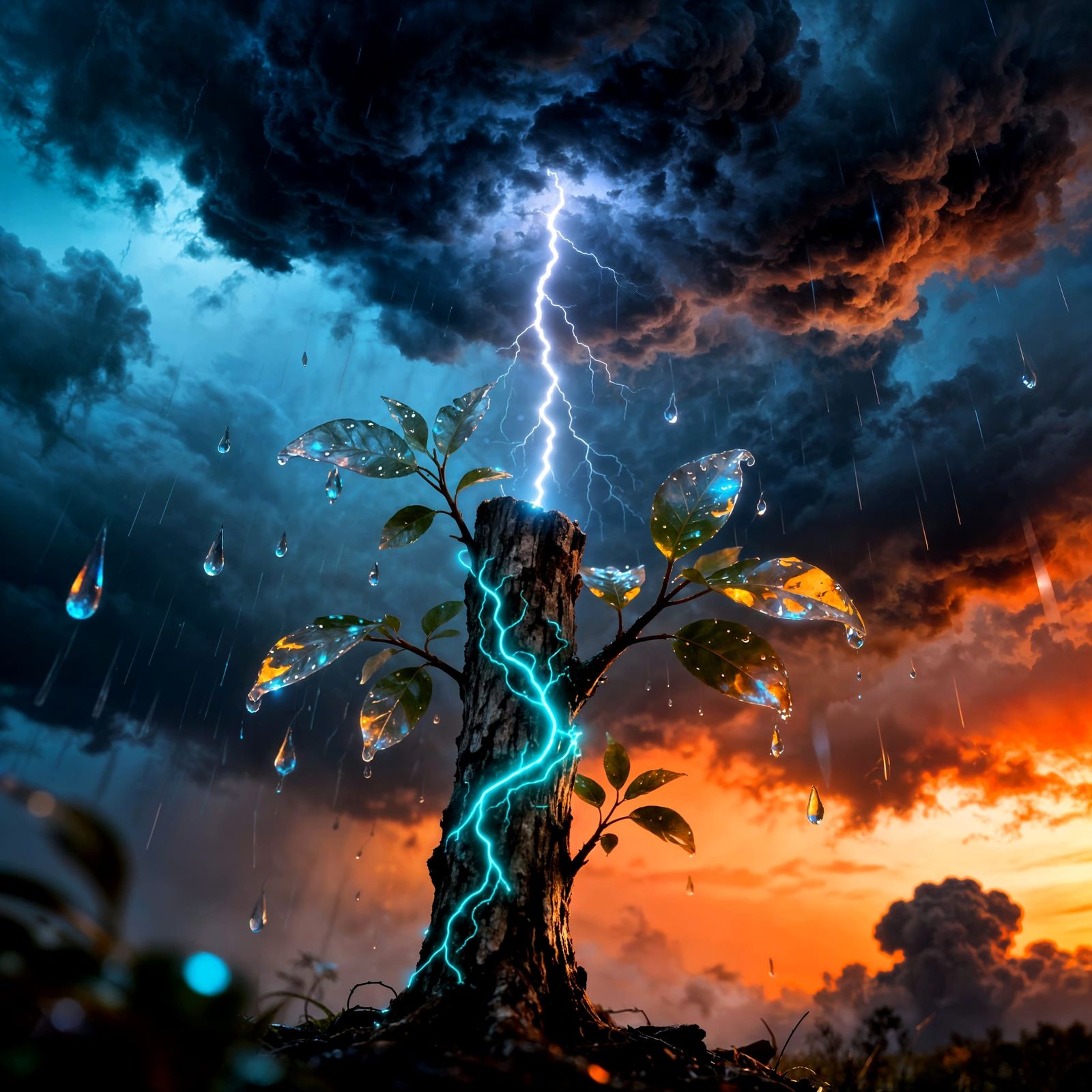 Bioluminescent Sapling Struck by Lightning in Ethereal Storm