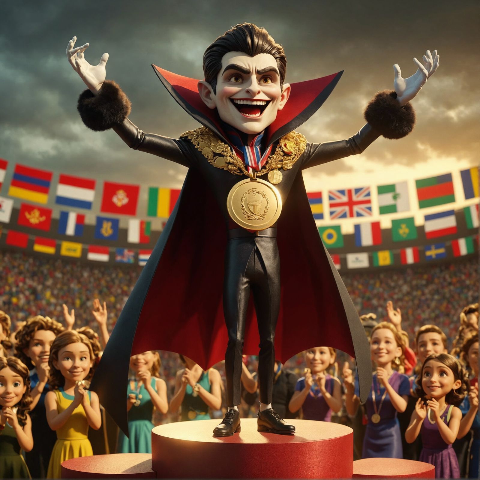 Cartoon Vampire's Victory at International Sporting Event