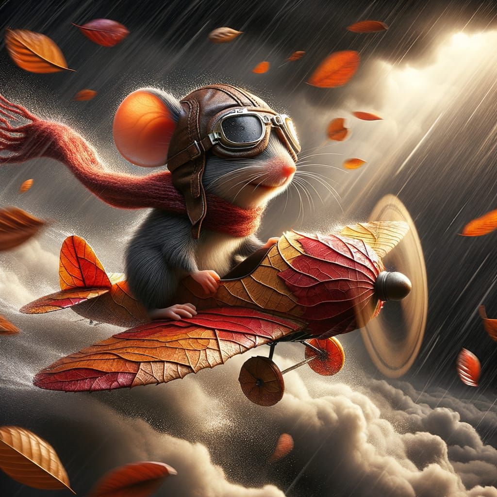 Tiny Aviator Mouse Soars Through Tempestuous Autumn Skies
