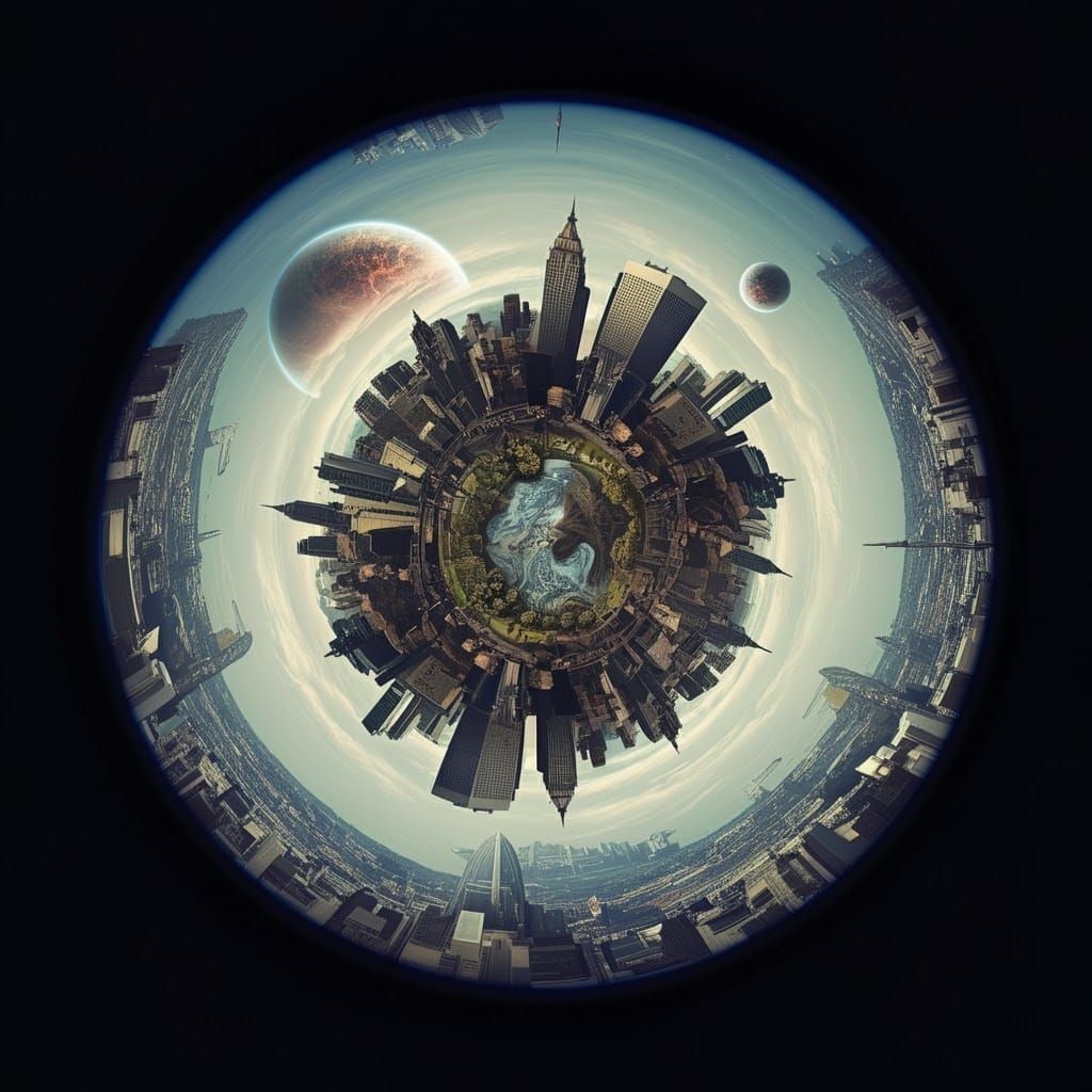 Dystopian Cityscape with Colliding Planets, Digital Art