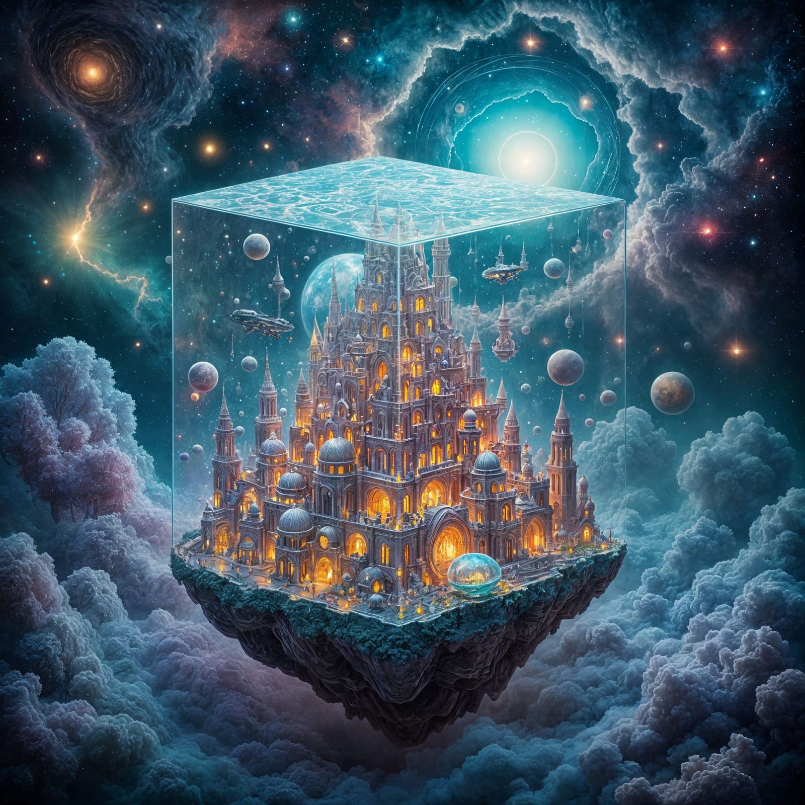 Glowing Alien City in Cube: Surrealist Art