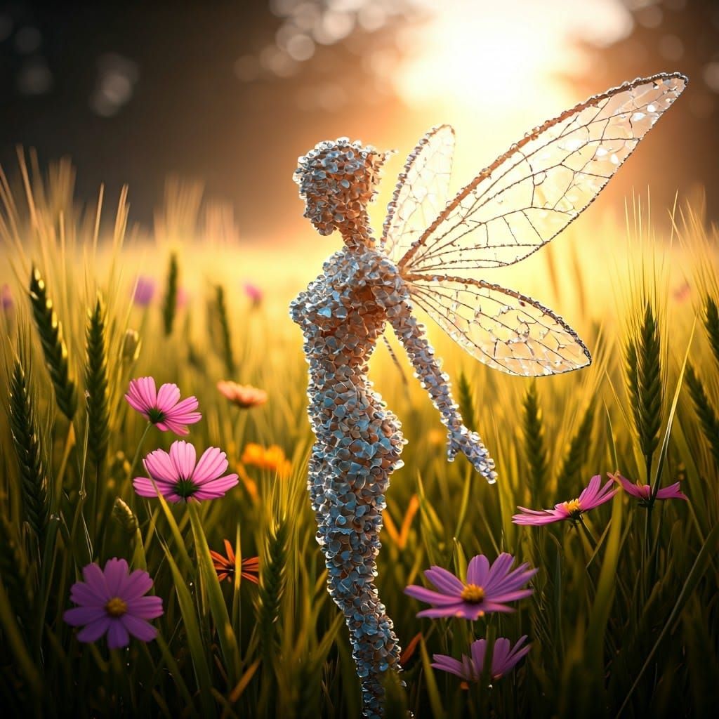 Iridescent Raindrop Fairy in Lush Meadow