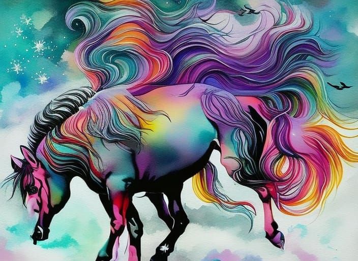 Winged Unicorn Gazing at Starry Sky in Watercolor