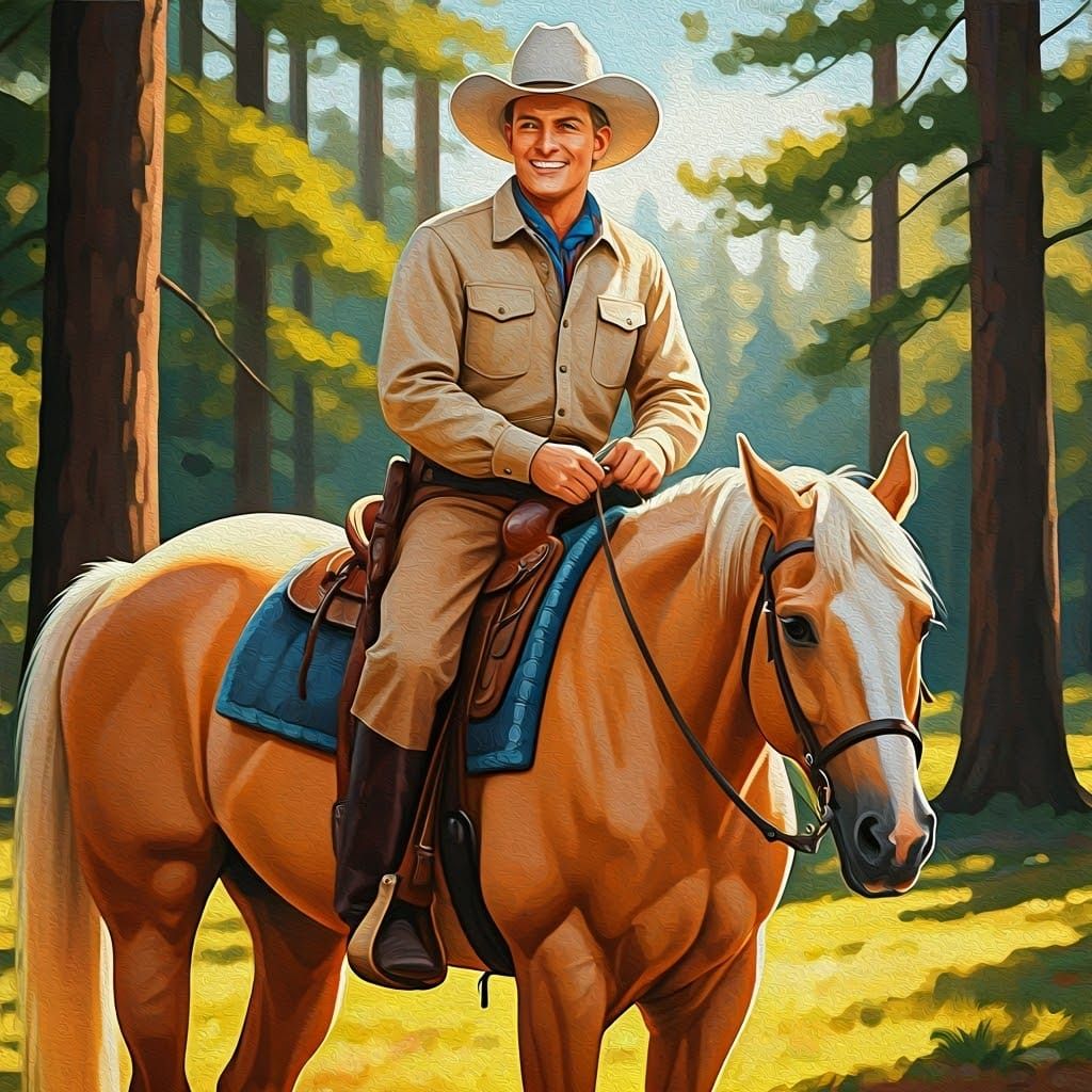 Cowboy and Palomino in Sunlit Forest
