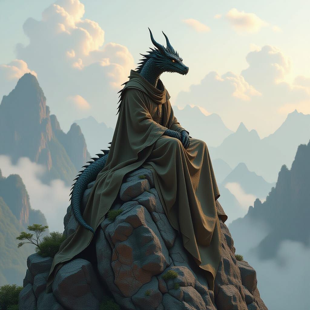 Ancient Obsidian Dragon on Stone Peak in Misty Landscape