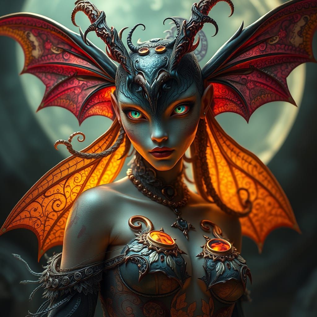 Lunar Moth Mermaid Bat Hybrid Portrait in Dark Fantasy Style
