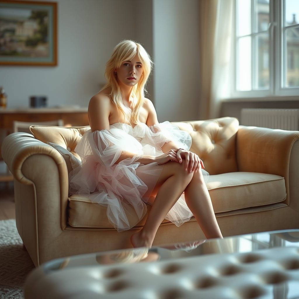 Elegantly androgynous young man sits on plush sofa in stylis...