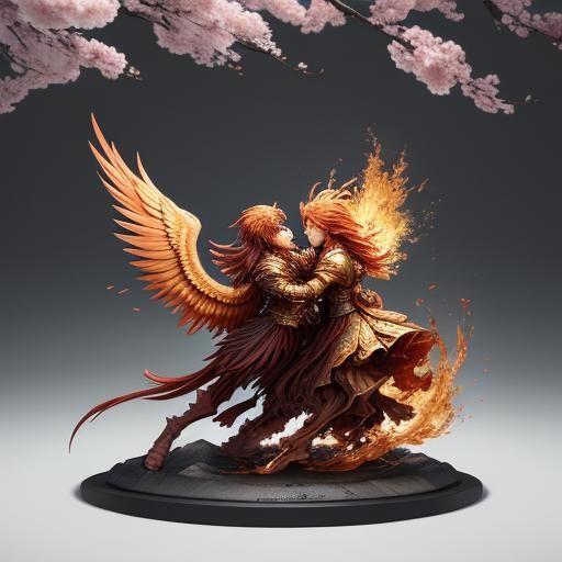 Phoenix and Lover Embrace in Anime Style