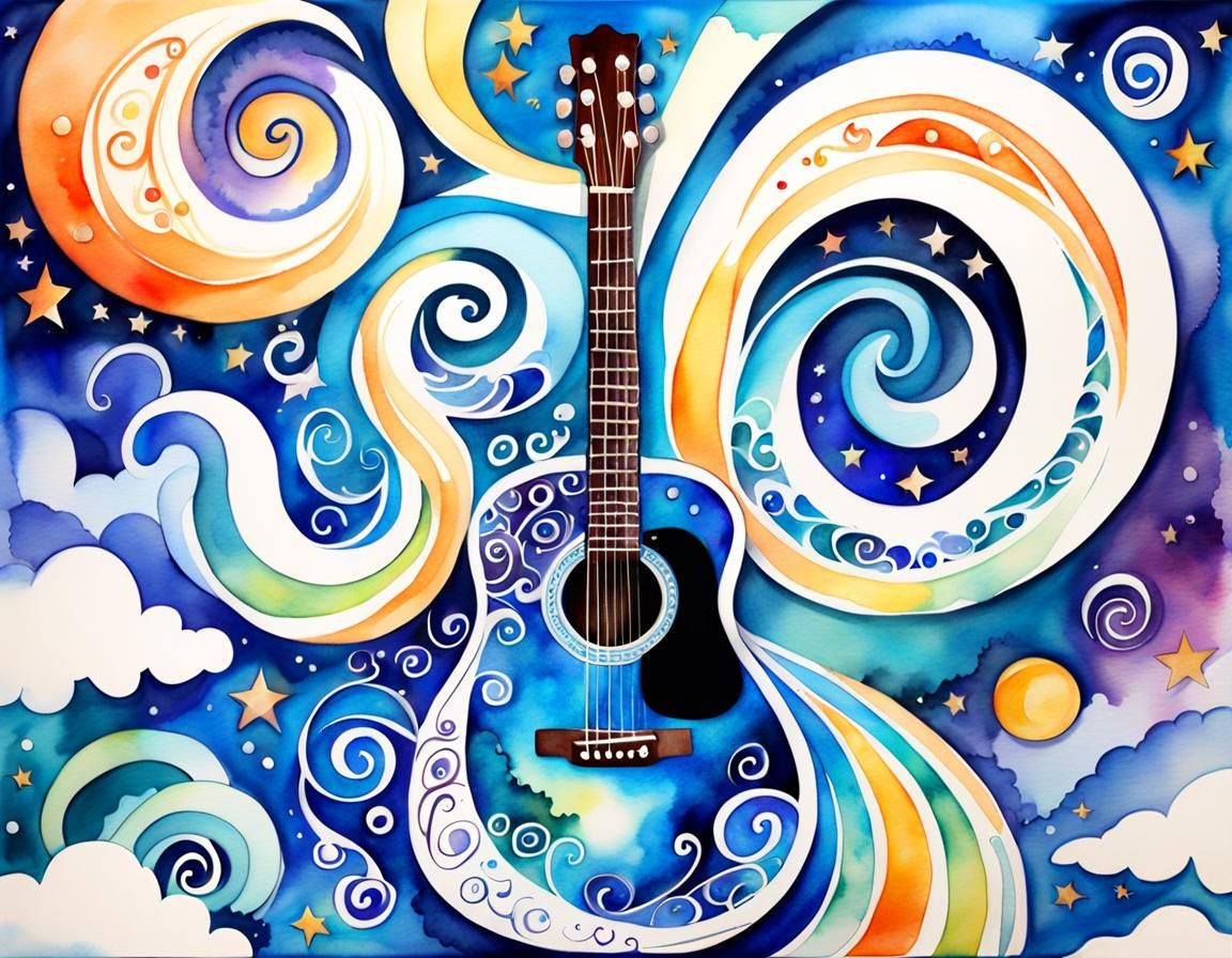 Watercolor Cosmic Serenade with Double Exposure Guitar