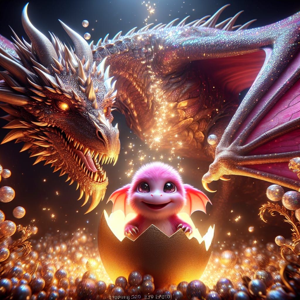 Pink Baby Dragon Hatching, Watched by Mother