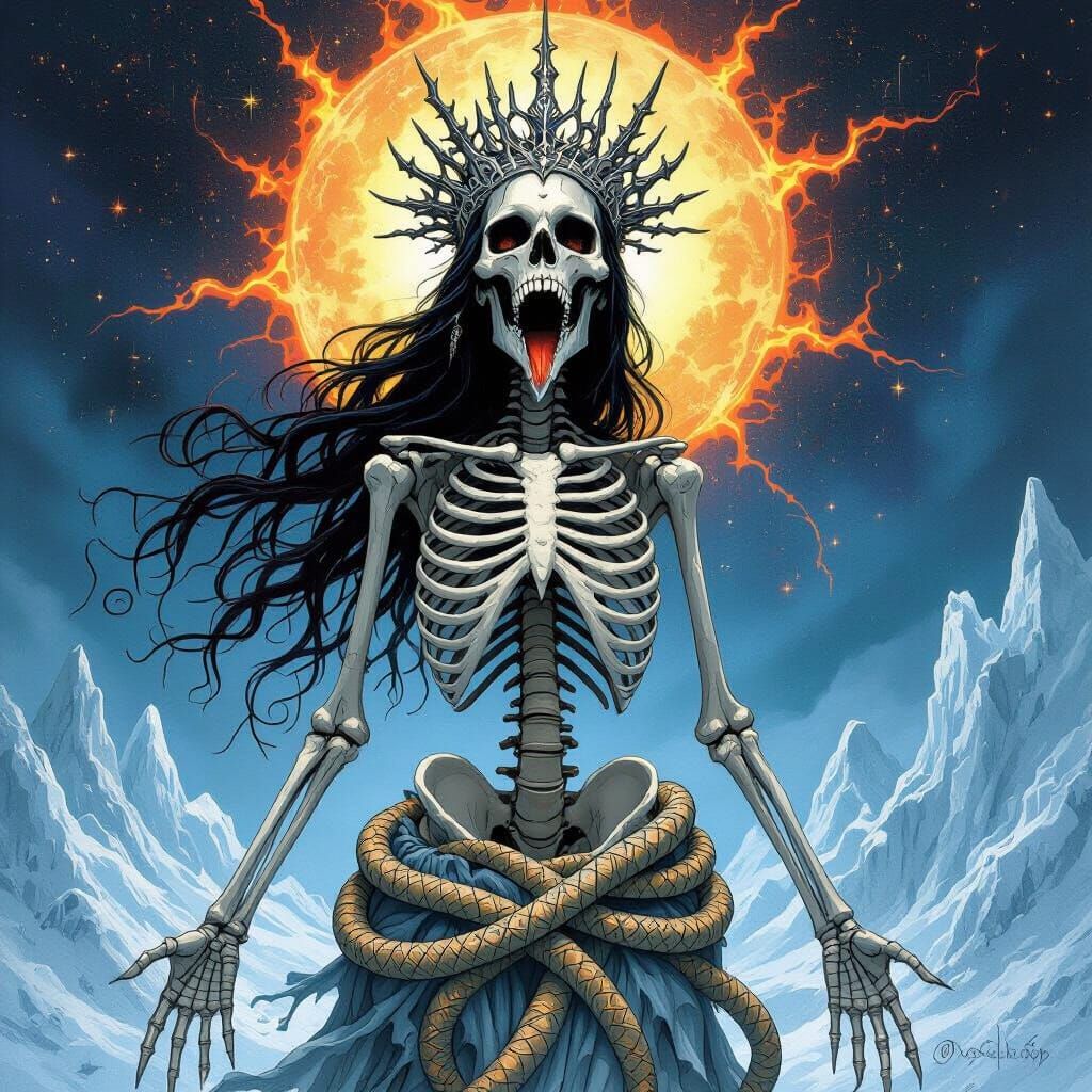 Skeletal Goddess Swallowing Stars in Cosmic Realm