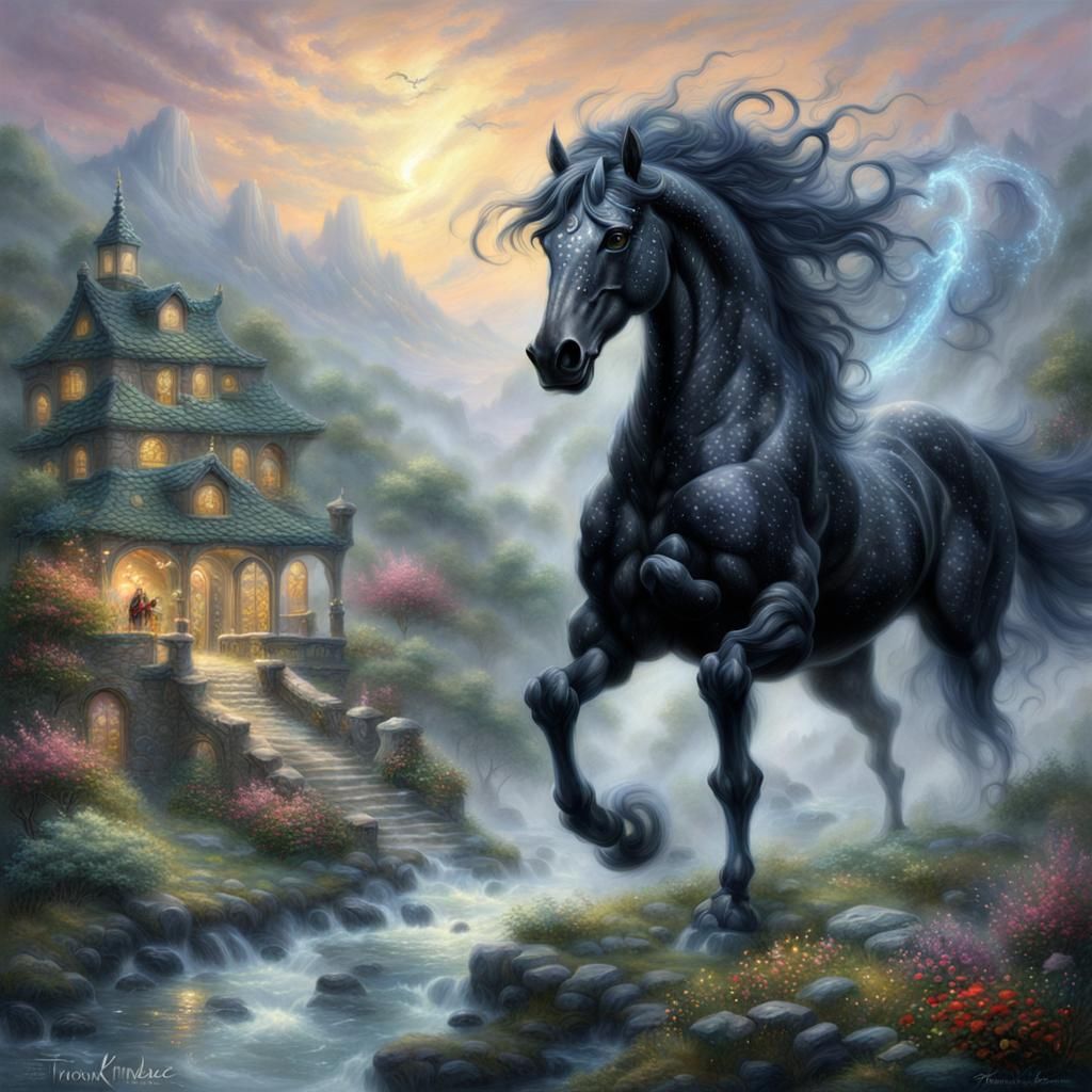 Ethereal Black Horse Dragon in Fantasy Landscape