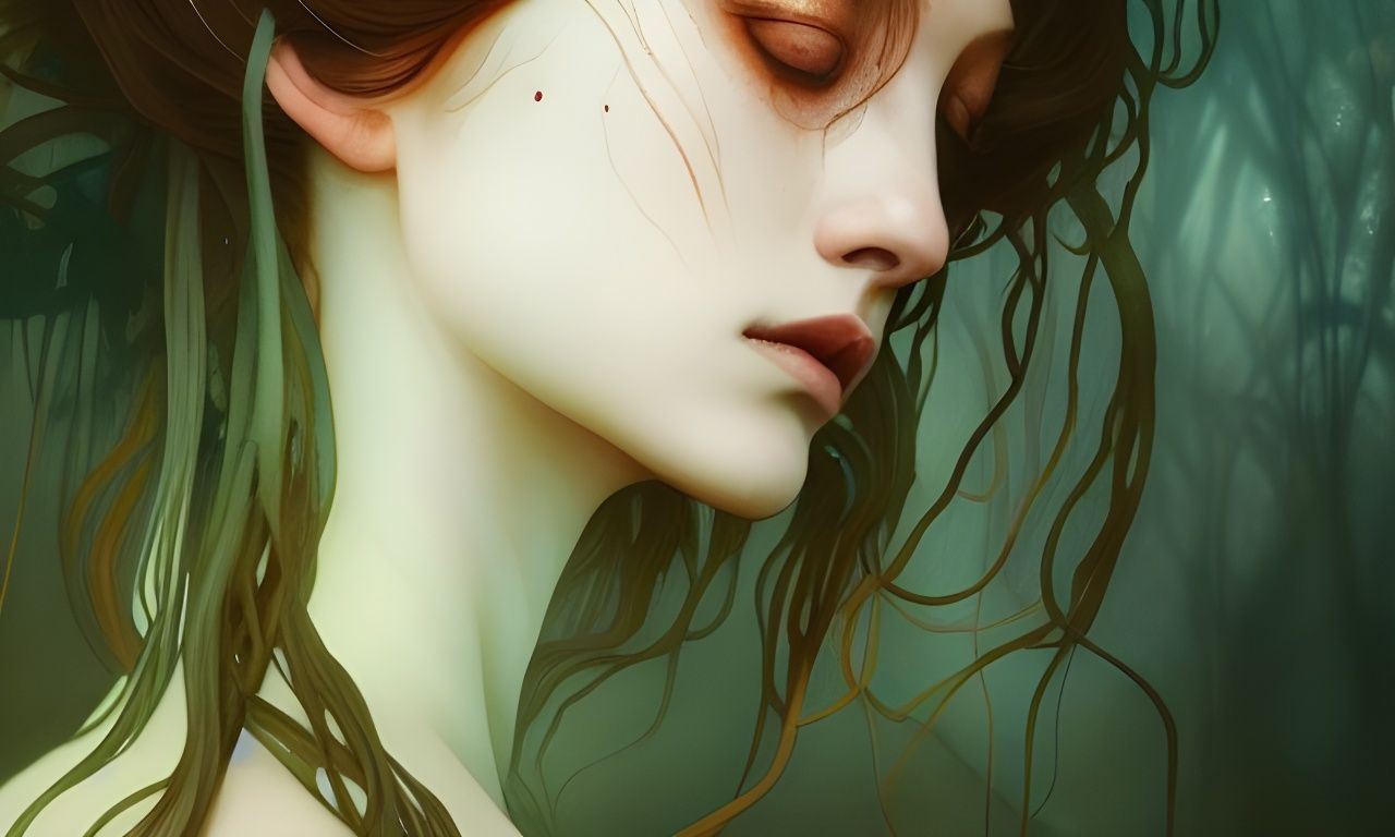 Sad Woman's Seaweed Transformation: Digital Portrait