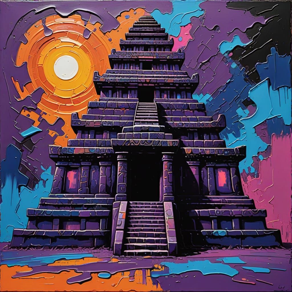 Mayan Temple in Layered Abstract Oil Painting Style