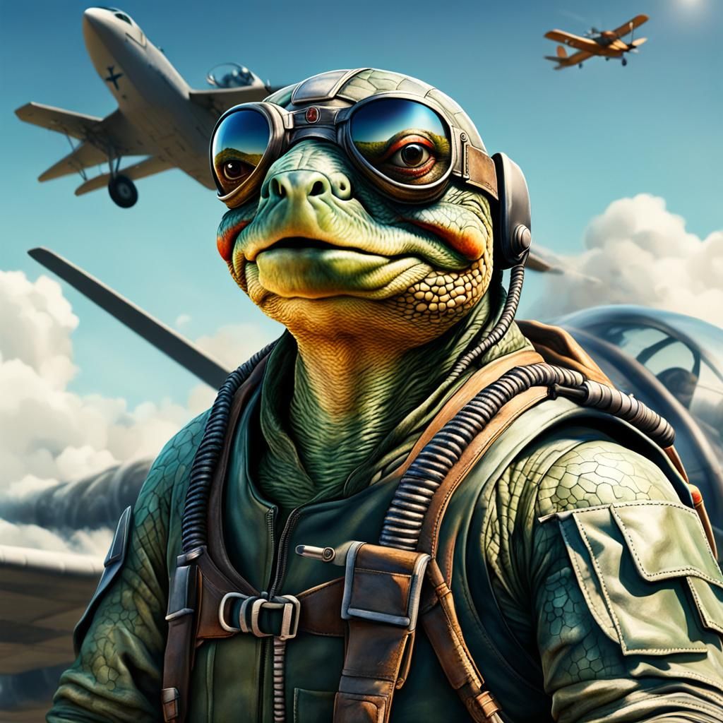 Anthropomorphic Turtle Fighter Pilot in War