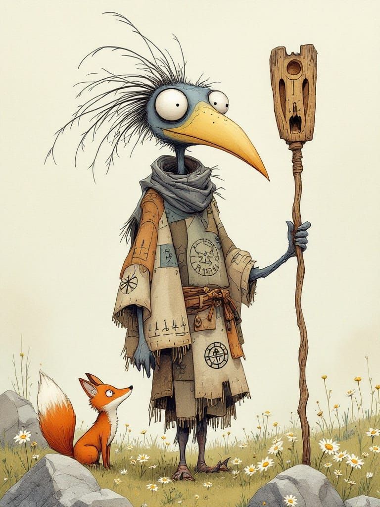 Whimsical Bird Figure in Tattered Cloak Amidst Wildflowers