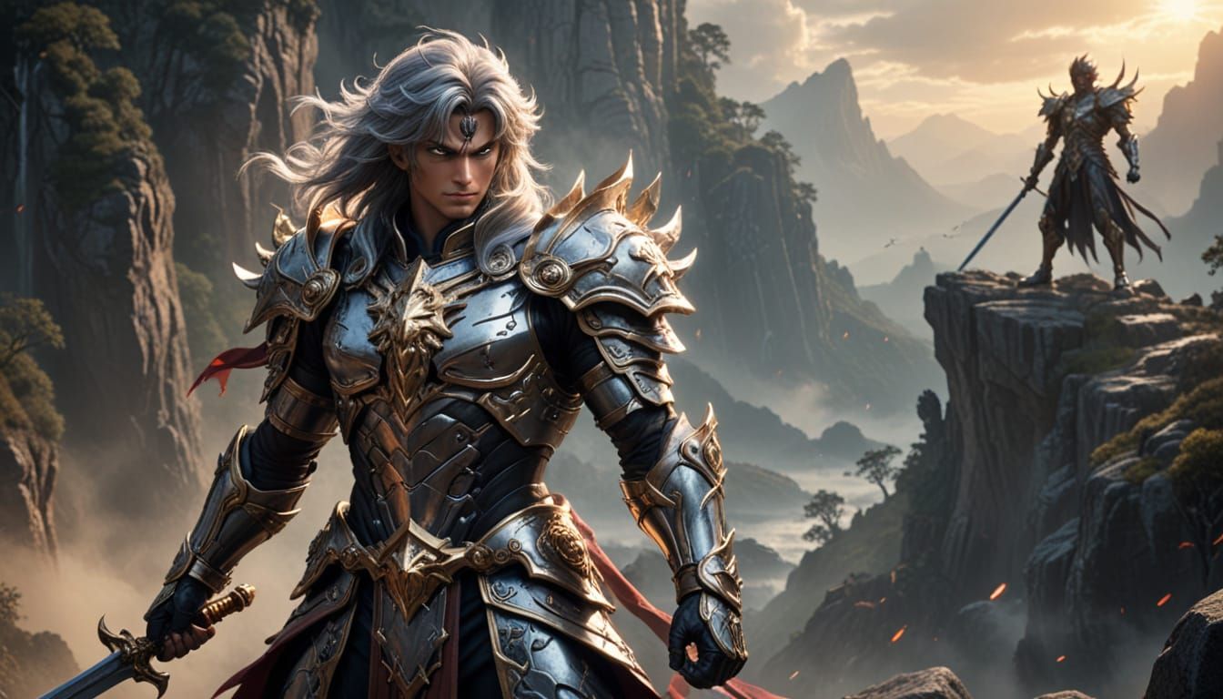 Epic Fantasy Landscape with Silver-Haired Warrior
