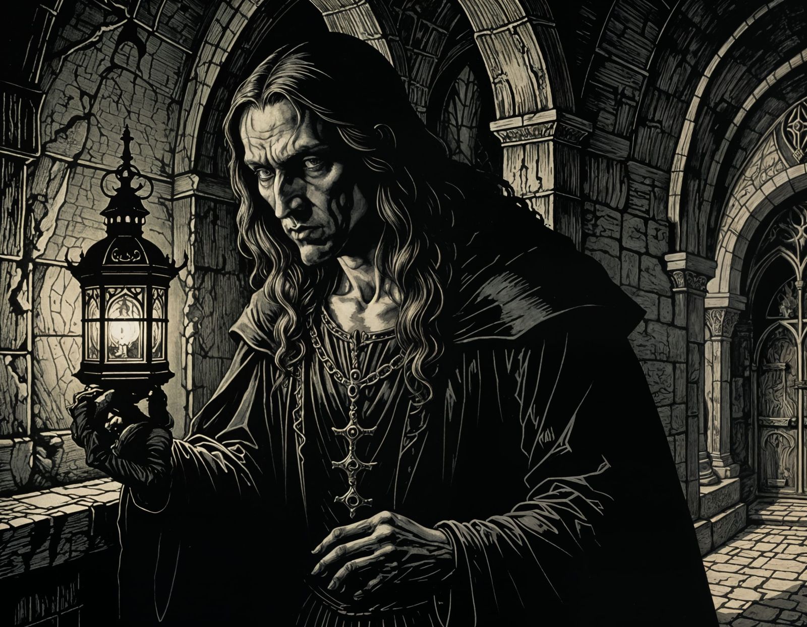 Vampire in Gothic Crypt: Woodcut Watercolor Style