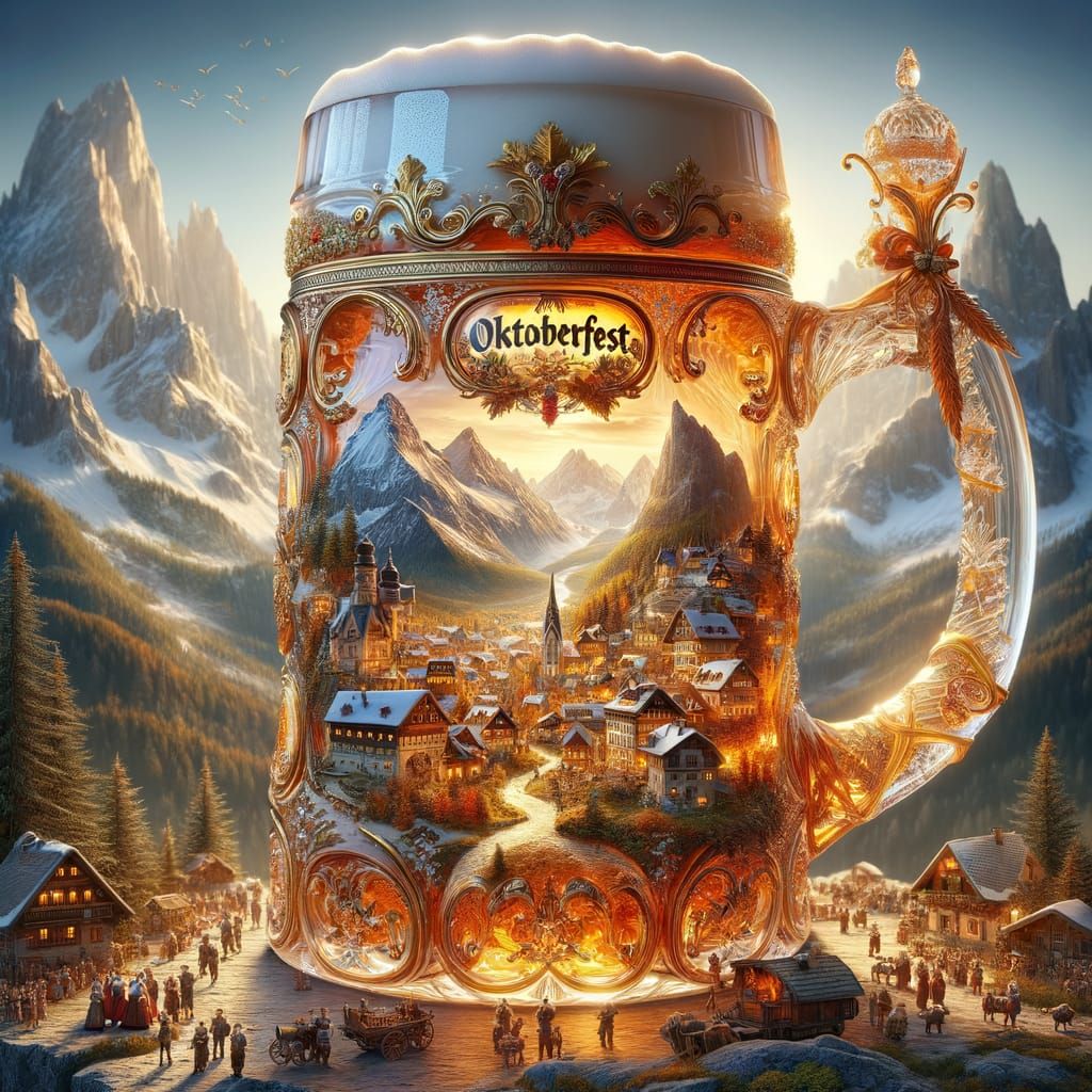 Oktoberfest Stein with Bavarian Village, Fantasy Art