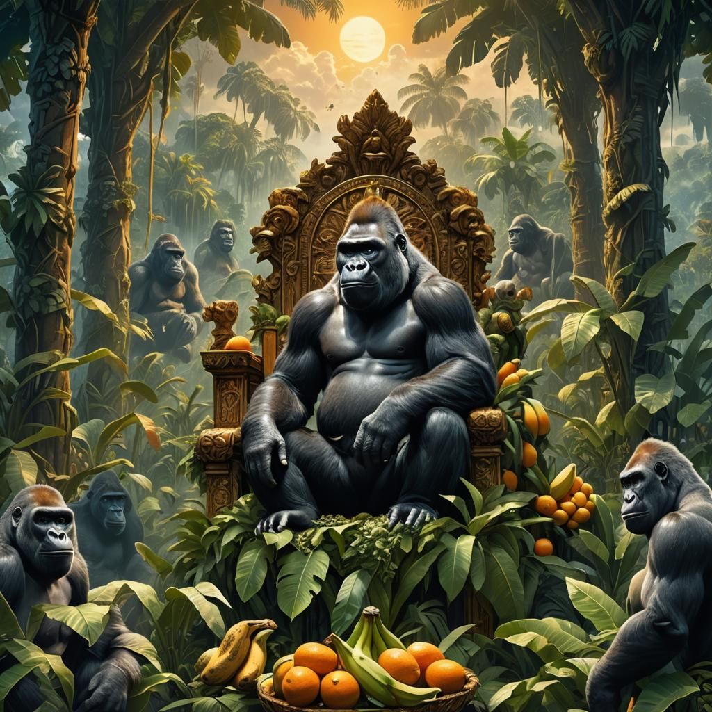 Gorilla God on Jungle Throne in Fantasy Style
