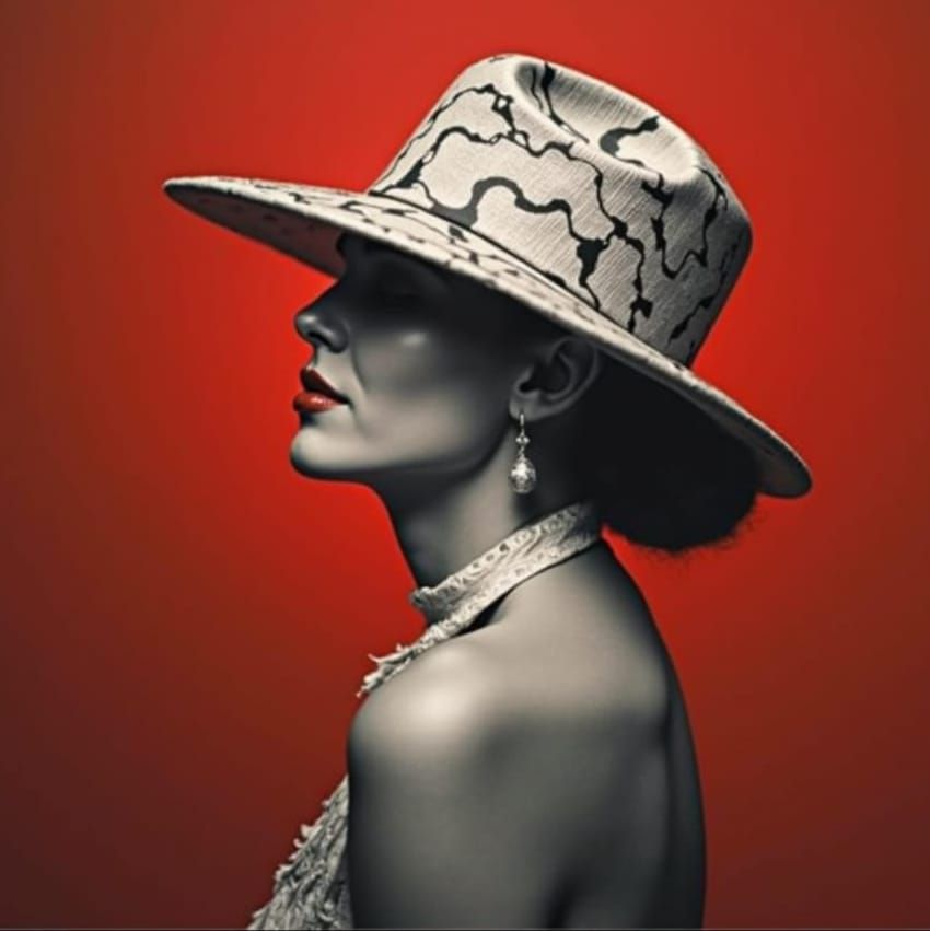 Black and White Portrait of Woman with Crimson Streak and Ar...