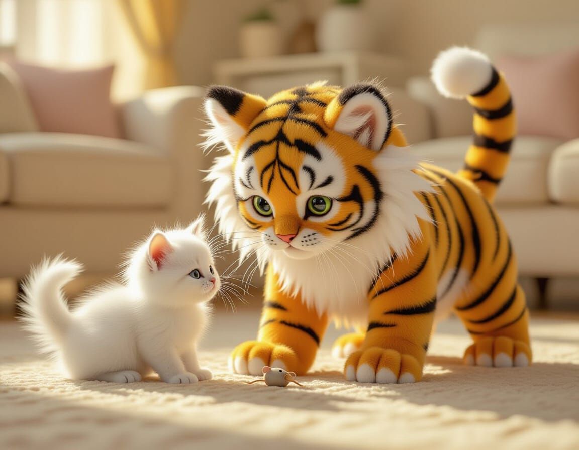 Kitten in Tiger Costume Stalks Toy Mouse