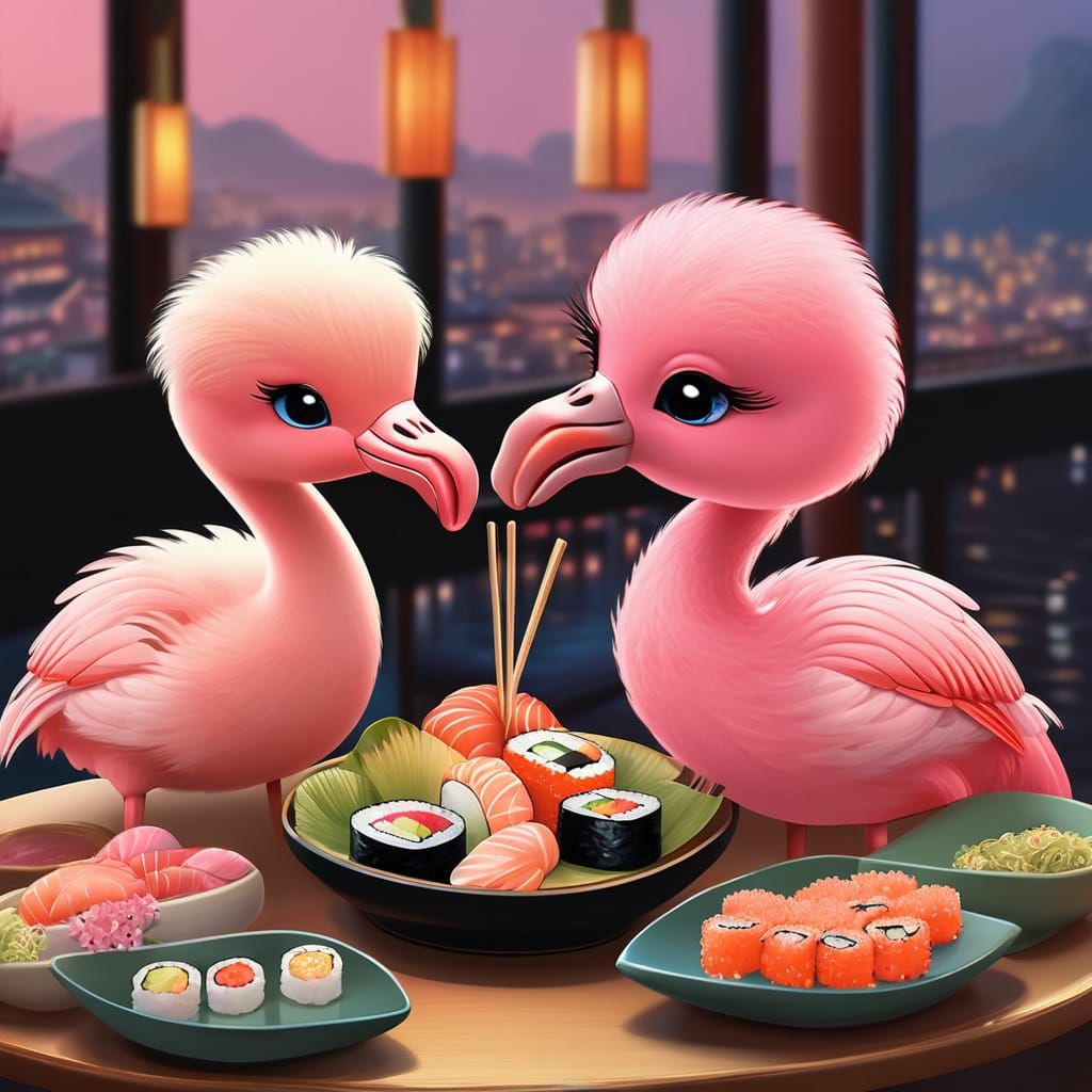 Flamingos and Pigs Enjoy Sushi in a Vibrant Studio Ghibli-In...