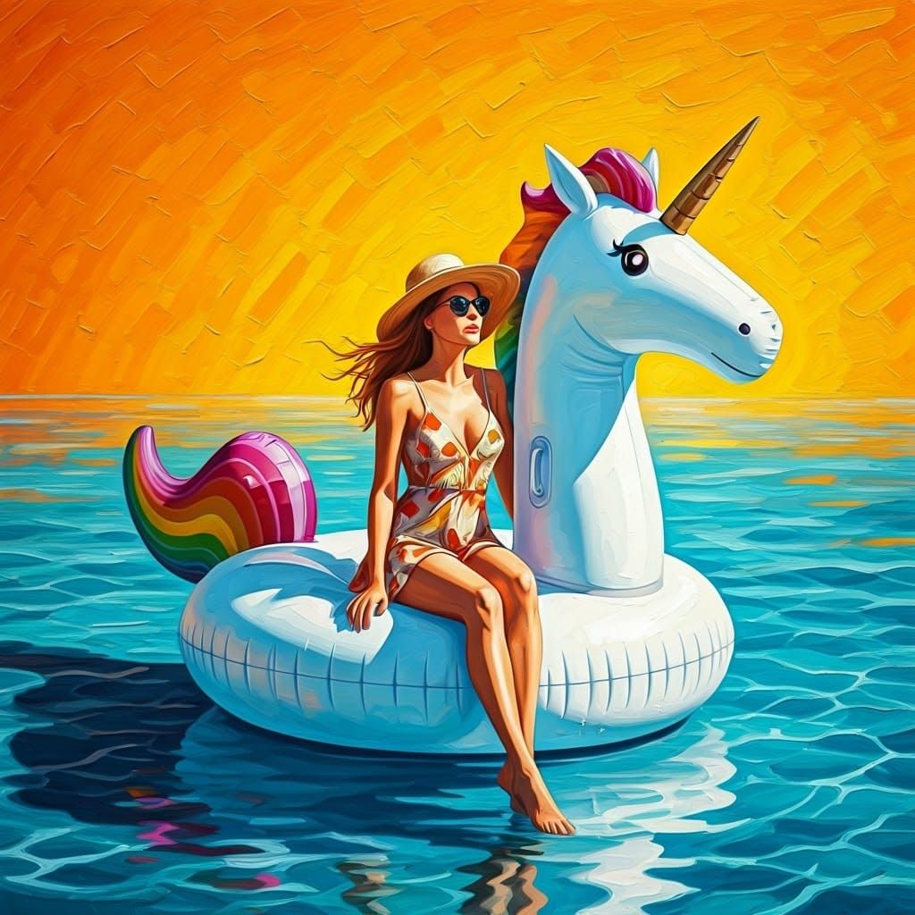 Woman Basks in Sunshine on Vibrant Unicorn Float