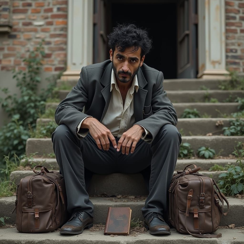 Weary Middle Eastern Man Sits on Abandoned School Steps in H...
