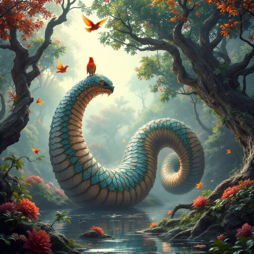 Giant Worm Catches Bird in Misty Fantasy Landscape