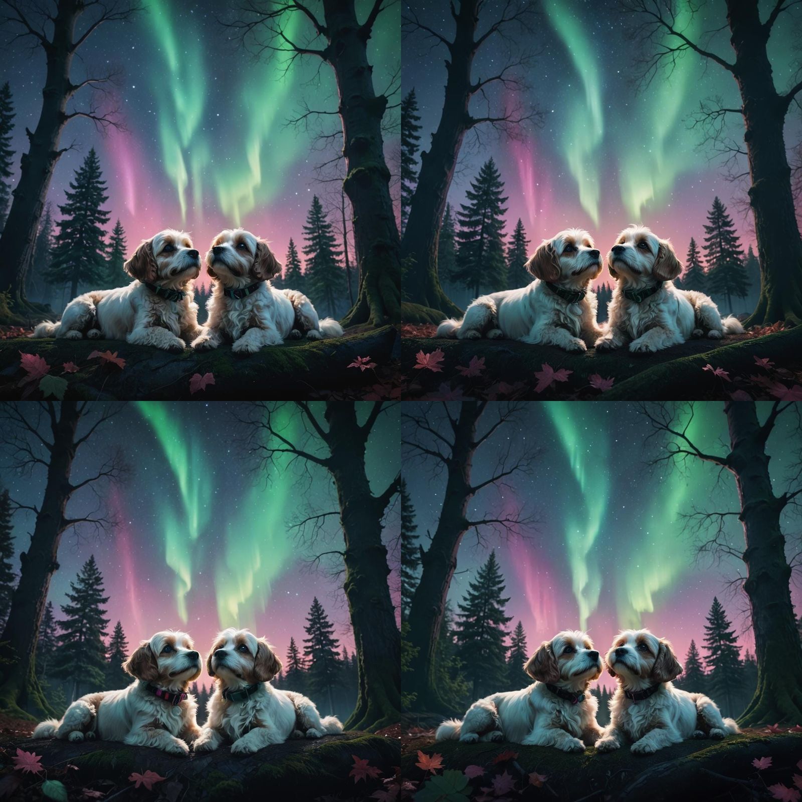 Dogs Watch Northern Lights in Dreamlike Forest