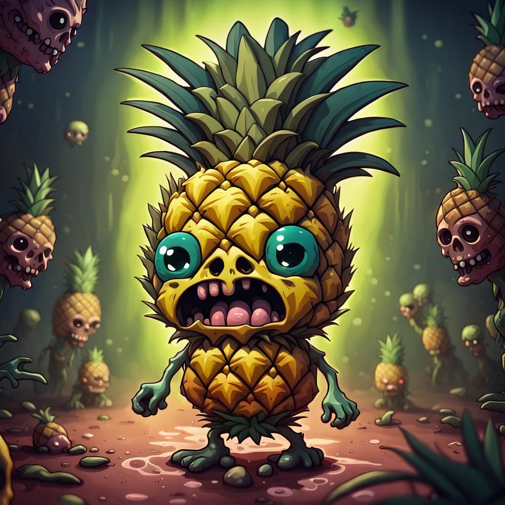 Cute Zombie Pineapple in Detailed Mezzotint Style